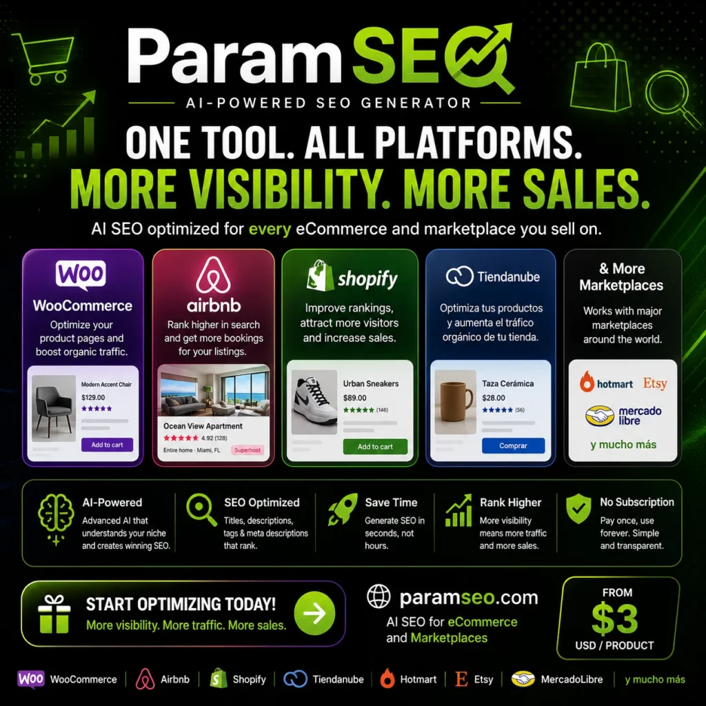 All platform Tool Airbnb, Woocommerce, Etsy, Tiendanube  SEO - ParamSEO